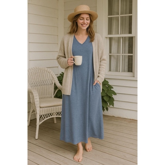 J.Jill Women’s Blue Heathered Cotton Blend Maxi Dress 1X Relaxed Fit Summer Fall - Picture 1 of 10